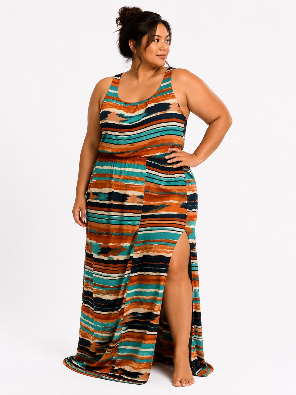 Striped Maxi Dress with Side Slit - Teal, Rust, Black